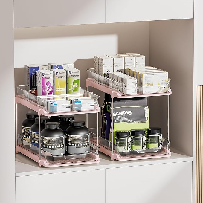 Delamu 2-Tier Multi-Purpose Bathroom Under Sink Organizers and Storage, Stackable Kitchen Pantry Organization, Pull Out Medicine Cabinet Organizer with Movable Dividers, Pink, 2 Pack