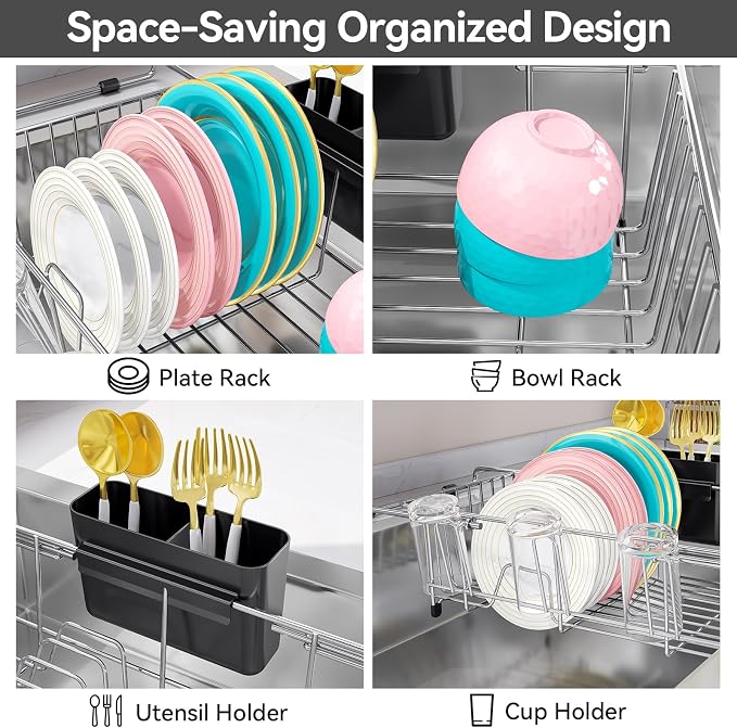 Urackify Dish Drying Rack in Sink, Stainless Steel Expandable Over the Sink Dish Rack with Utensil Holder & Cup Holder, Kitchen Drying Rack for Inside Sink, 15.35" x 11.02" x 4.84", Silver