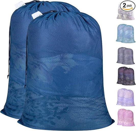 2 Pack Heavy Duty Diamond Mesh Laundry Bag, 30x36", Blue | Drawstring & ID Tag, Breathable Mesh, Machine Washable, Commercial Grade, , For College Dorms, Travel, Sports Equipment