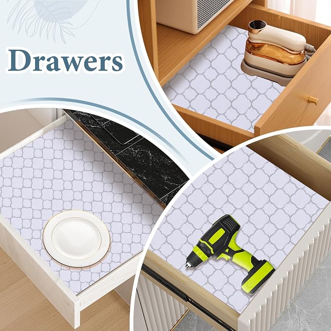 Shelf Drawer Liners for Kitchen Cabinets 23.6 in X 20 Ft Drawer Liner | Non Adhesive Thickened Refrigerator Liner Silver Quatrefoil Strong Non-Slip Paper for Tool Box with Knife and Tape Measure
