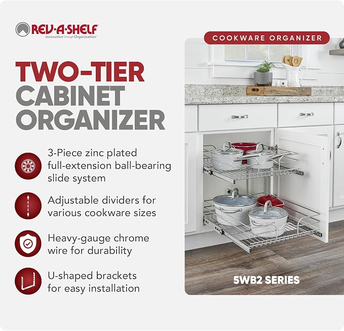 Rev-A-Shelf 2-Tier Pullout Shelf and Drawer Organizer for Kitchen Cabinets, Slide Out Storage Basket, Min Opening Width of 20.5", 21" x 22", 5WB2-2122CR-1