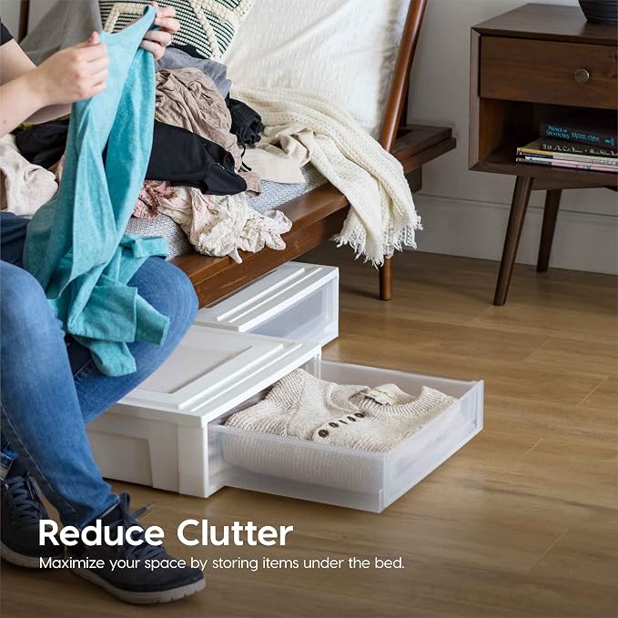 IRIS USA 4-Pack, 27 Qt. Under Bed Storage Bin with Sliding Drawers, White | Store seasonal clothing, shoes, blankets, linens and household essentials neatly under beds to maximize storage space