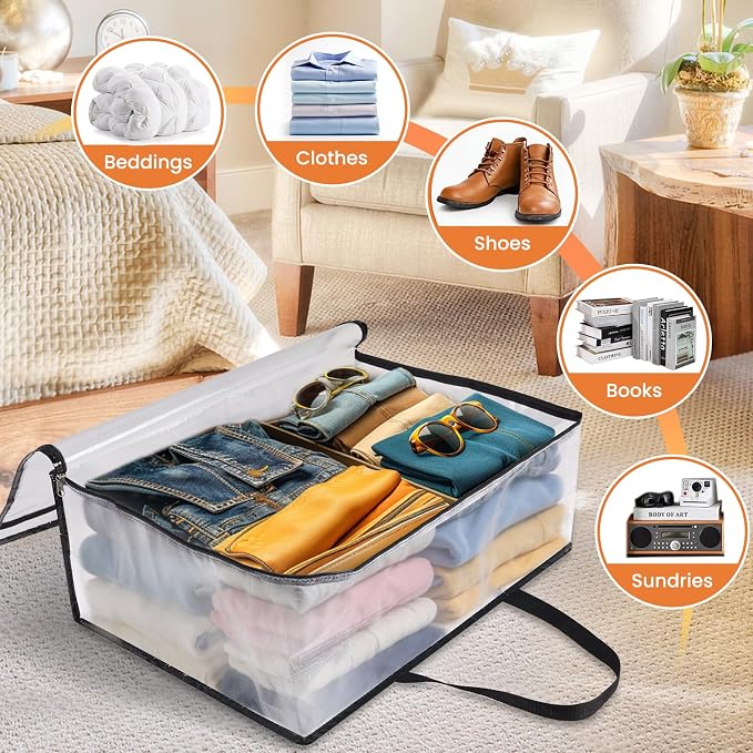 TasticTotes 6 Pack Clear Storage Bags for Comforter, Clothes & Bedding, 60L | Plastic Blanket Storage with Zipper & Handle, Foldable Moving Bags, Closet Organizer and Under-Bed Storage Containers