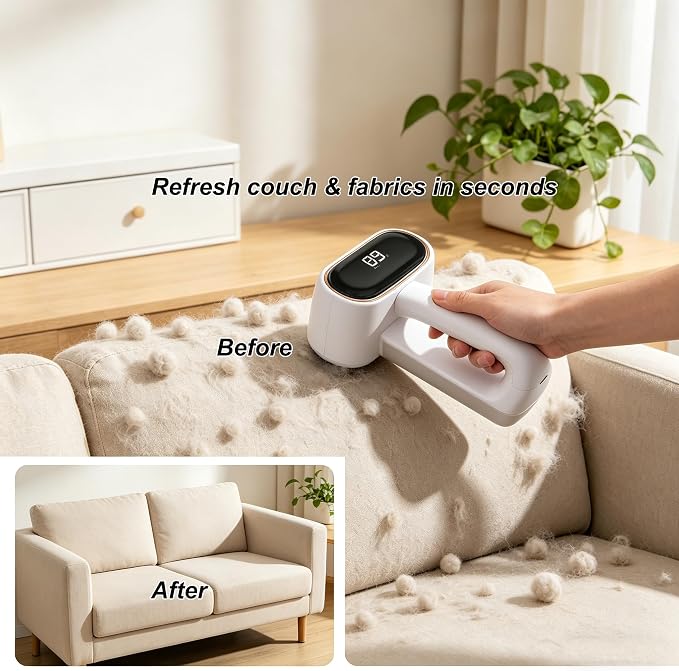 Fabric Shaver, Dual Head Lint Remover, LCD & 6-Blade, Rechargeable, White | rechargeable sweater defuzzer for clothes couch furniture upholstery pet hair pilling remover portable