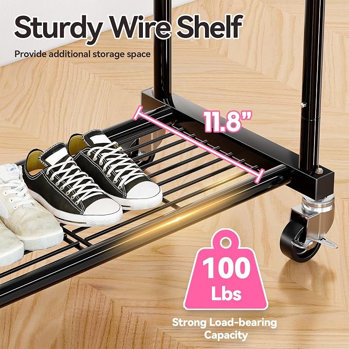SUFAUY Clothes Rack, Double Rods Rolling Clothing Rack for Hanging Kid Clothes, Portable Garment Rack with Wheels, Coat Rack Wardrobe Closet Load 350 LBS (Black)