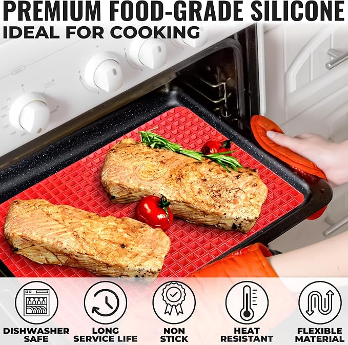 16x11.42" Non-Slip Red Pyramid Baking Mat - Easy to Clean Pyramid Pan Silicone Baking Mat with Air Circulation System - Tear- and Heat-Resistant and Flexible Oven Mats for Cooking, Roasting & BBQ