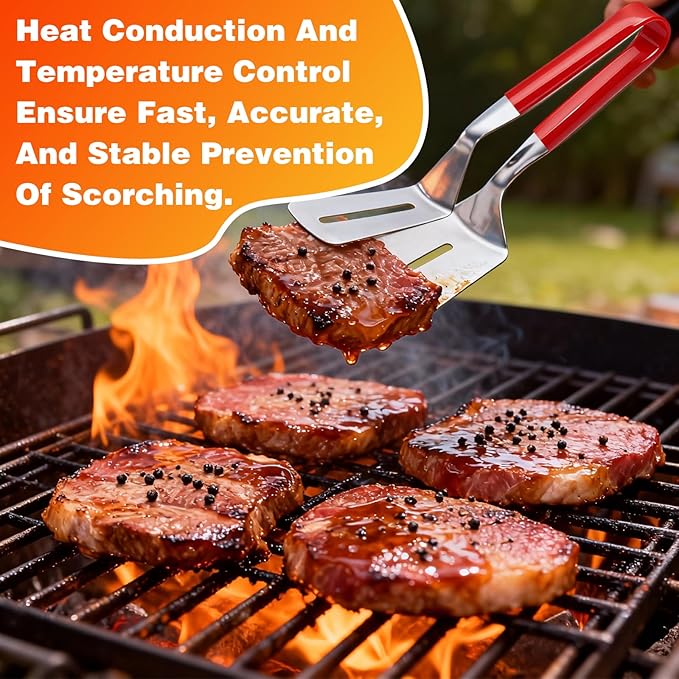 2PCS Mix Stainless Steel Grill Clamp Spatula, Multi-Functional Anti-Scald Extended Handle Spatula Tong, Barbecue Clamp Food with Non-Slip for Picking Up Food, Grilling Meat, Fish and Pancakes