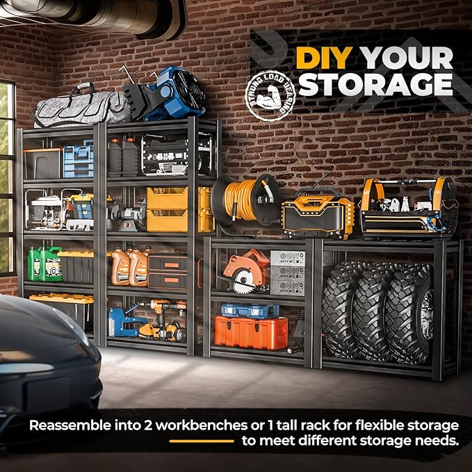 Auto Dynasty 5-Tier Storage Shelves Set of 2, 72" H (3000LBS Capacity) Adjustable Garage Shelving, Metal Storage Utility Rack Shelf Unit for Pantry Kitchen Warehouse, 72" H x 35" W x 16" D, Black
