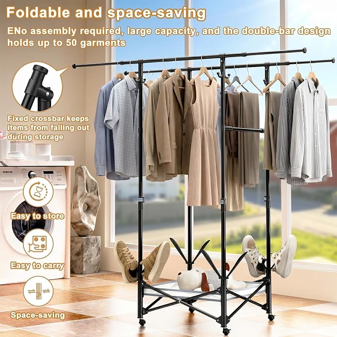 Portable Foldable Clothes Drying Rack - Adjustable Double Extendable Rods (33.1” to 56.7”) -Portable Coat Rack for Travel, Camping, Drying, RV, Indoor, Outdoor, Easy Assemble (Black)