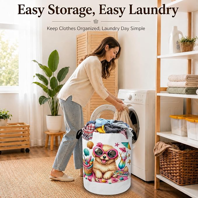 Beach Puppy Summer Vacation Collapsible Laundry Hamper for Bedroom, Freestanding Oxford Clothes Basket, Large Foldable Storage Bin with Easy-Carry Handles for Bathroom Dorm Laundry Room