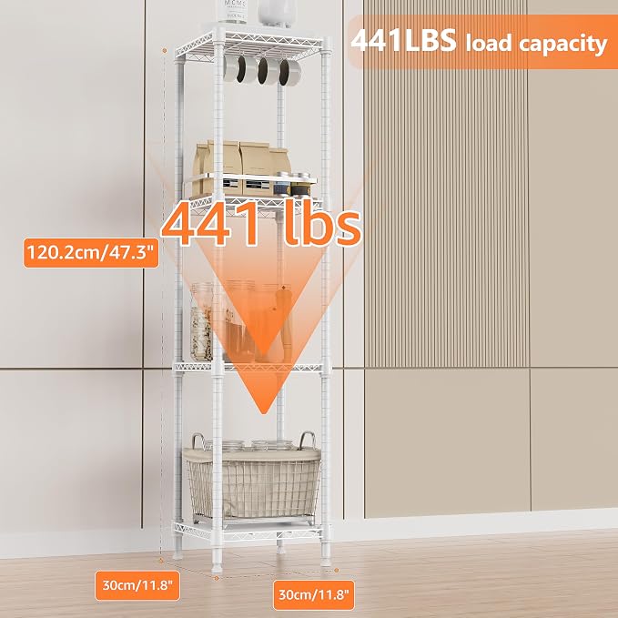 IZEUK 4 Tier Steel Storage Shelves, Adjustable Wire Shelving Unit for Kitchen, Bathroom, or Office Organization, Heavy Duty Metal Rack, 480 lbs Capacity, 11.8" D x 11.8" W x 47.3" H, White