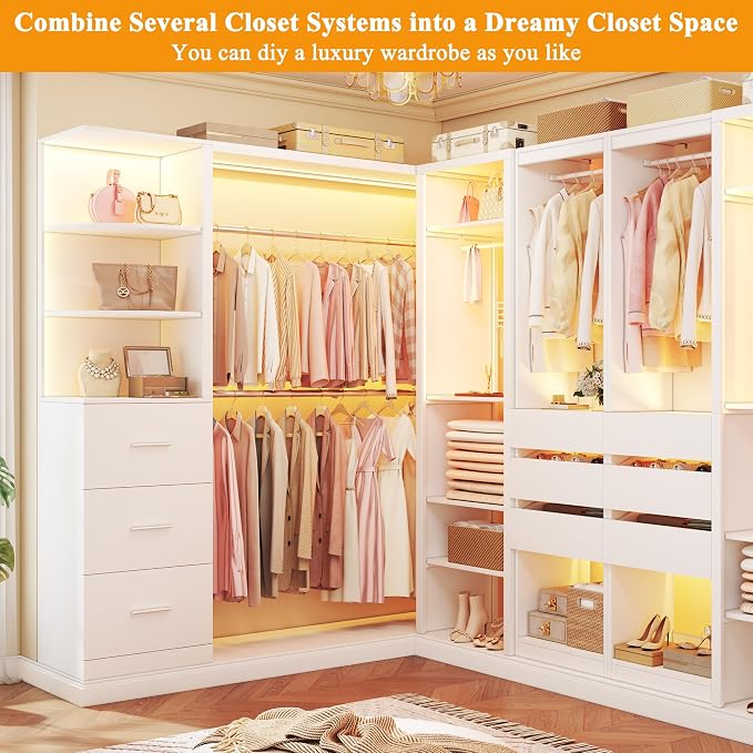 HUAHUU Large Corner Closet System with 3 Drawers and 6 Shelves, 77'' Reversible Closet Organizer System with LED Lights & 8 Jewelry Hooks, White Walk-in Closet with 3 Hanging Rods, L Shaped/Straight
