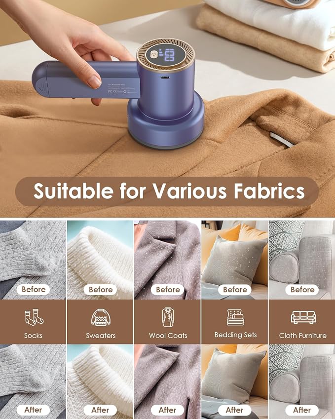 HOMEASY Fabric Shaver, Rechargeable Lint Remover for Clothes Purple | Electric sweater shaver and depiller with 70mm head, 6-leaf blades, LED battery display and Type-C charging for Furniture