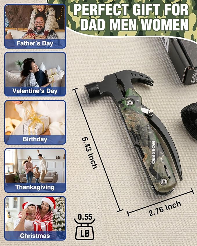 WORKPRO 12 in 1 Camping Tools with Mini Hammer | EDC Gear Multi Tools Hammer with Safety Lock and Pouch-Mini Multitools Gifts for Men and Women-Camouflage