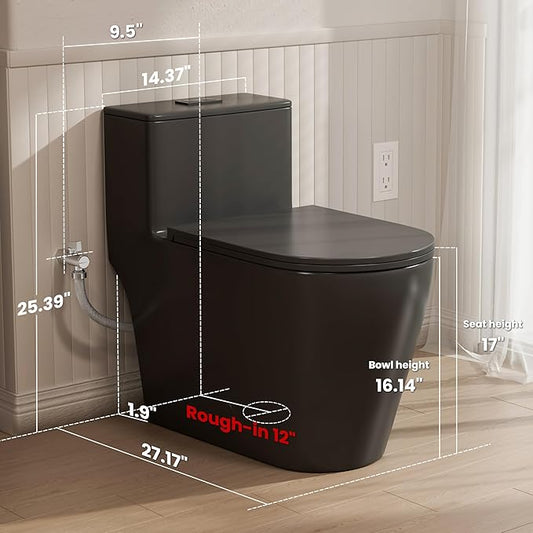 Casta Diva Elongated One Piece Toilet Black with 17" ADA Comfort Chair Height Seat Compact Toilet for Bathroom Power Dual Flush 1.1/1.6GPF & MAP 1000g, 12'' Rough-in, Matte Black