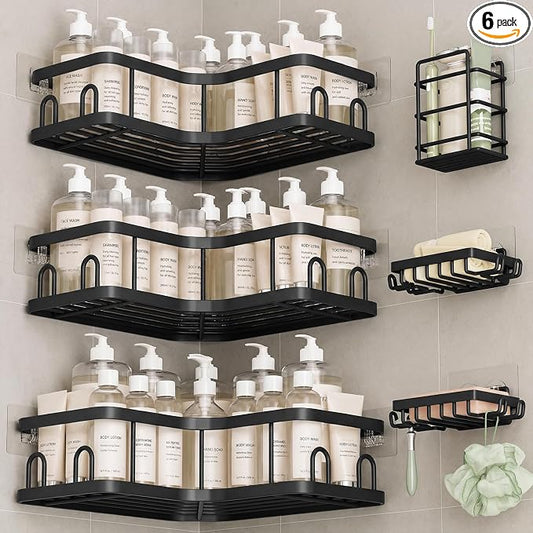 Veken Corner Shower Caddy 6-Pack, Advanced Rustproof Design, No Drilling Adhesive Shelves, Rack with Soap Holder, Large Capacity Bathroom Organizers and Storage, Wall-Mounted Kitchen&Home Decor,Black