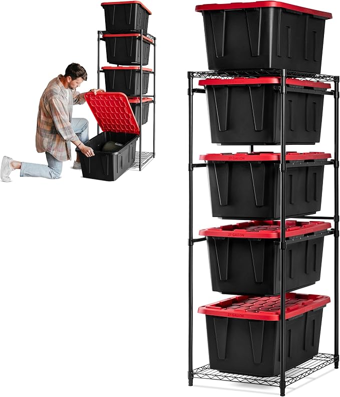 CleverMade Tote Tower, 5-Tier Rack for 27-Gallon Totes, Black | Individual rails let 5 totes slide out without unstacking. Powder-coated steel supports 50 lb per shelf and 250 lb total.