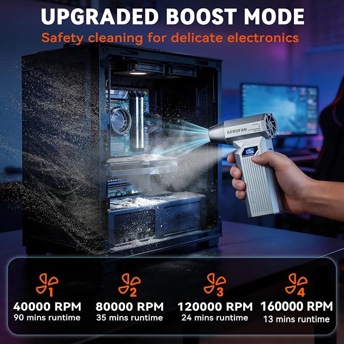 Compressed Air Duster, 160000RPM Cordless Electric Air Duster, LED Light | 4-Gear Adjustable Computer Blower Duster, Mini Hand Turbo Jet Fan, Rechargeable Air Gun for PC/Keyboard/Car/Home/Outdoor
