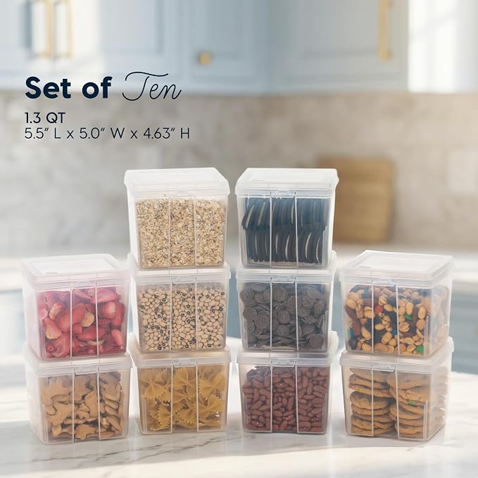 IRIS USA Food Storage Containers with Flip-Top Lid, 1.3 Qt - 10 Pack, Clear Stackable Food Containers for Kitchen & Pantry Organization, BPA-Free, Food Grade Plastic For Flour, Sugar, Dry Food, Grain
