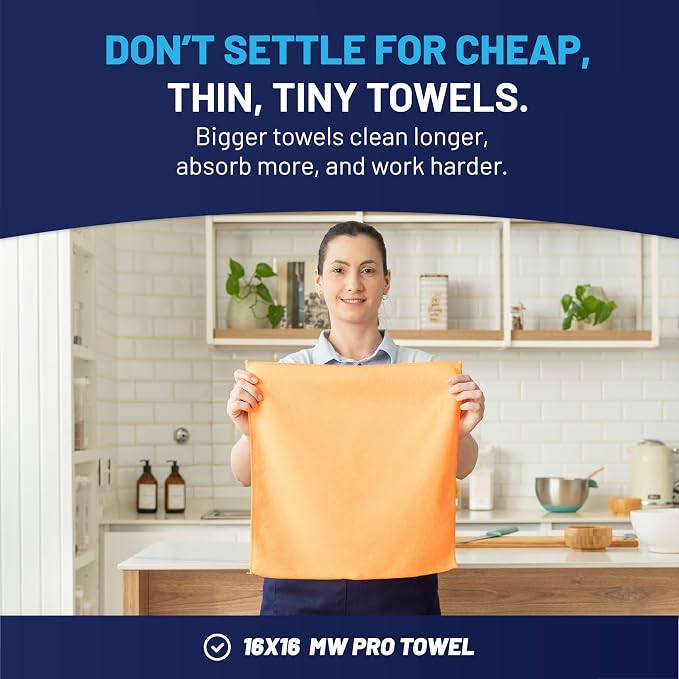 MW Pro Microfiber Cleaning Cloth | Orange | 12 Pack | 16” x 16” | All Purpose Microfiber Towels - Clean, Dust, Polish, Scrub, Absorbent