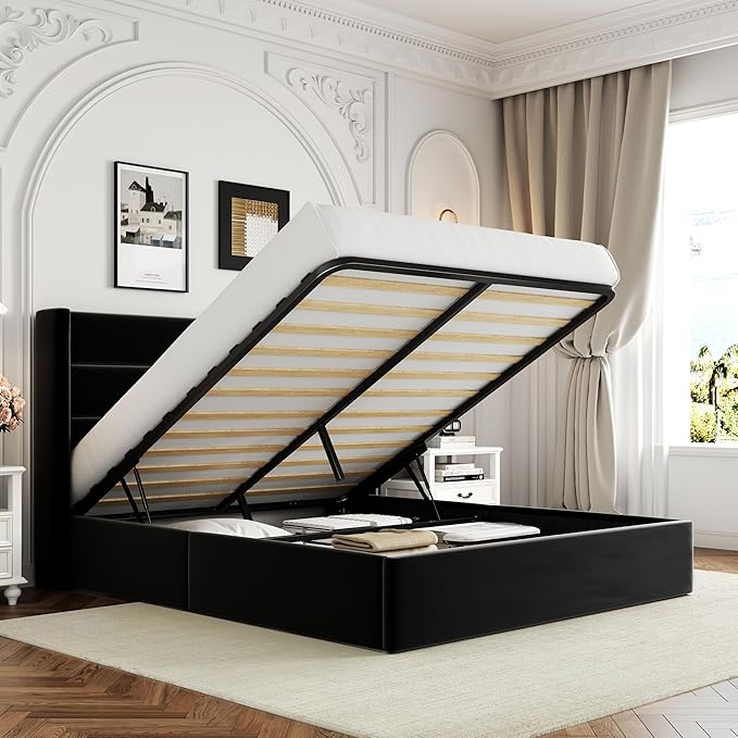 Allewie Full Size Lift Up Hydraulic Storage Bed Frame Black | Modern Wingback Headboard, Hydraulic Support Storage, No Box Spring Needed