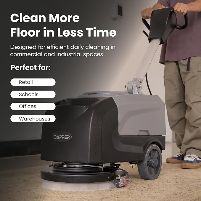 Battery Powered Walk Behind Floor Scrubber Buffer Polisher Machine with Foldable Handle 15 inch Brush 19 inch Squeegee Width 4.5 gal Tank Includes a Hard Brush and 3 Scouring pads