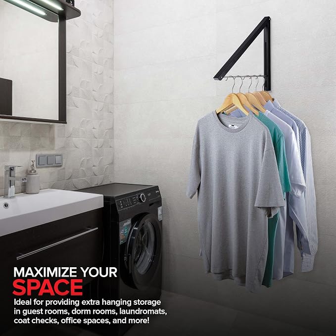 Single Foldable Clothing Rack, Wall-Mounted Retractable Clothes Hanger for Laundry Dryer Room, Hanging Drying Rod, Small Collapsible Folding Garment Racks, Dorm Accessories (Black)