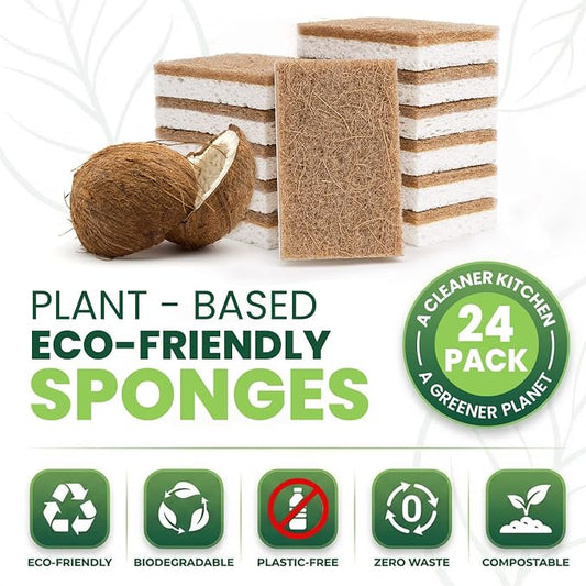 Metflavor Kitchen Sponges, 24 Count, Natural Non-Scratch Cellulose Sponge with Coconut Scrubber for Dishes, Biodegradable & Compostable, Non Toxic Cleaning Sponges for Kitchen, Bathroom, Household