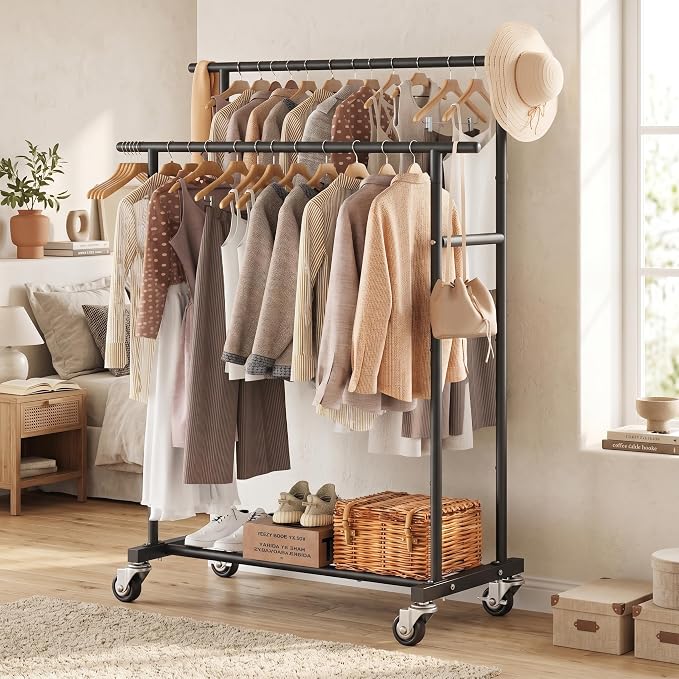 Calmootey Rolling Garment Rack with 2 Rods, Clothes Organizer for Bedroom | High-Low Rods, Two Lockable Wheels, Sturdy Metal Frame, Space-Saving, Fits Laundry, Living Room, Black