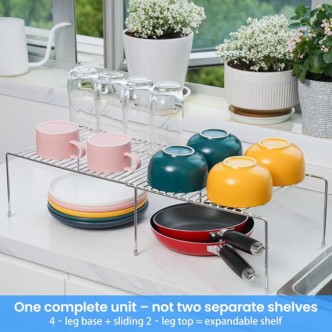 Tomorotec Space-Saving Stainless Steel Storage Rack, 12.8-22.8 in, Silver, Easy to Install, Versatile Design | Adjustable from 12.8 to 22.8 Inches Rustproof with Anti-Slip Feet for Pantry Bathroom Closet and Countertop Organization