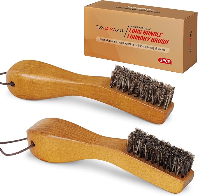 Laundry Stain Brush, Soft Natural Horse Hair, Safe on Delicates 2pcs | Clothes Cleaning Scrubber, Stain Remover for Shirts, Collars, Cuffs & Shoes, Curved Beech Wood Handle with Hanging Loop