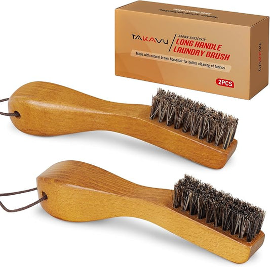 Laundry Stain Brush, Soft Natural Horse Hair, Safe on Delicates 2pcs | Clothes Cleaning Scrubber, Stain Remover for Shirts, Collars, Cuffs & Shoes, Curved Beech Wood Handle with Hanging Loop