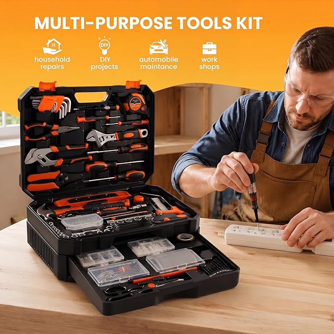 NEWBULIG 330-Piece Complete Tool Box Set, Durable Homeowners Tool Kit with Pull-Out Drawer, Versatile Home Repair Kit for Auto & Household, DIY Projects, Black-Yellow