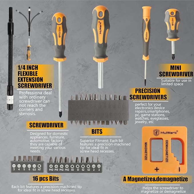 MulWark Magnetic Screwdriver Set with Case, Screw Driver Set Kit 59 Piece Includs Phillips, Hex, Pozidriv, Torx and Precision Screw Driver Set, Replaceable Screwdriver Bit Set for Men, Dad, Husband