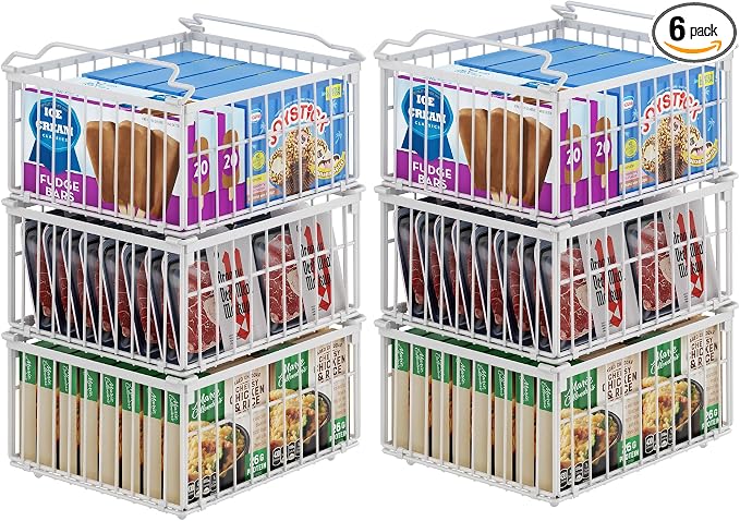 MSERCUOR Freezer Organizer Bins, 6 Pack Big Stackable Deep Chest Freezer Organizer Bins, Foldable Baskets with Handles, White Storage Container Baskets for 5 to 9 Cu.FT Deep Freezer Sort Frozen Meats