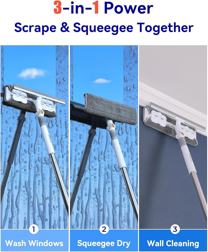 CTIME 80" Professional Window Squeegee Kit with Extension Pole, 5 Cloths | Safe Ladder-Free Reach; Anti-Rust Stainless Steel; 2-in-1 Wash/Dry; Bonus Storage Bag; Durable PP Handle; Streak-Free Finish