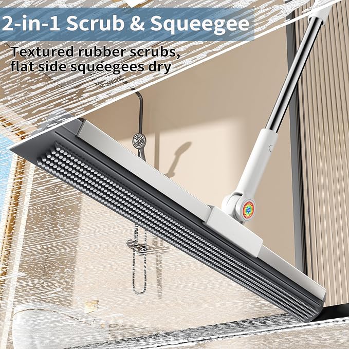 Floor Squeegee for Concrete Floor, Squeegee for Floor with 180° Rotating Head & 63" Long Handle, Garage Floor Squeegee Broom for Epoxy, Pet Hair, Water Removal, Tile Floor, Shower Glass, Driveway