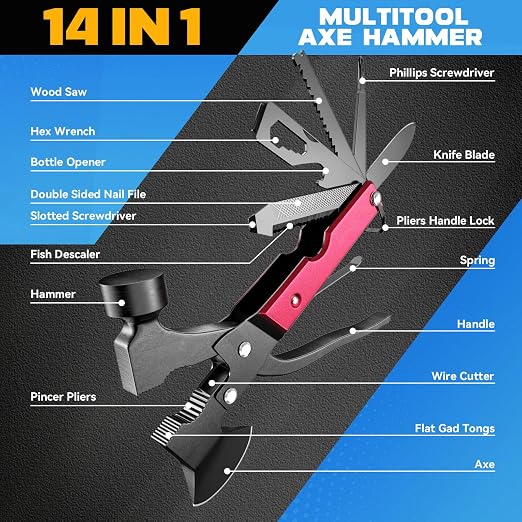 Gifts for Men, 15 in 1 Multitool Axe for Camping, Hunting, Hiking | Birthday Gifts for Men, Dad, Him, Husband, Boyfriend, Women, Mens Gift from Daughter, Wife, Son, Red