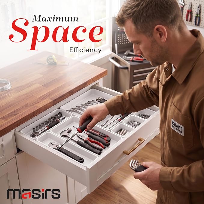 Masirs Interlocking Drawer Organizer Bins - Durable Plastic, Various Sizes for Custom Layout Design. Great for Desk Drawer, Tool Box or Garage Organization. (White | 8-Piece Set)
