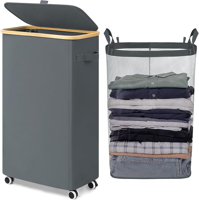 Goodpick 75L Slim Rolling Laundry Hamper with Wheels, Gray | 17 × 9.8 × 29.5 in, Lid Design, Collapsible, Removable Laundry Bag, Dorm & Bathroom Organization, Clothes & Bedding Storage
