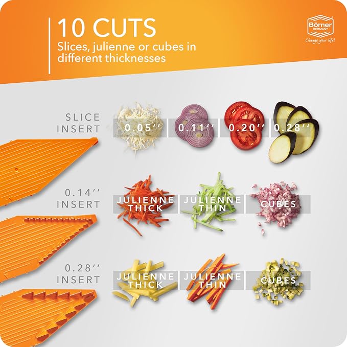 Börner Mandoline Slicer V5 (Starter Set) • Vegetable V-Slicer for Slices, Sticks & Dices in Various Sizes • With Stainless Steel V-Blade • Adjustable Kitchen Slicer • Color: Orange