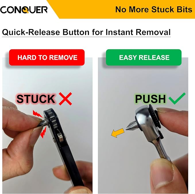 CONQUER 1/4" Mini Ratchet Wrench Low Profile Dual Head | Socket/Bit Driver, 72-Tooth, 5° Swing Arc, Ultra-Low Back Drag, Quick-Release Button; For Tight Engine Bays & EDC Kits