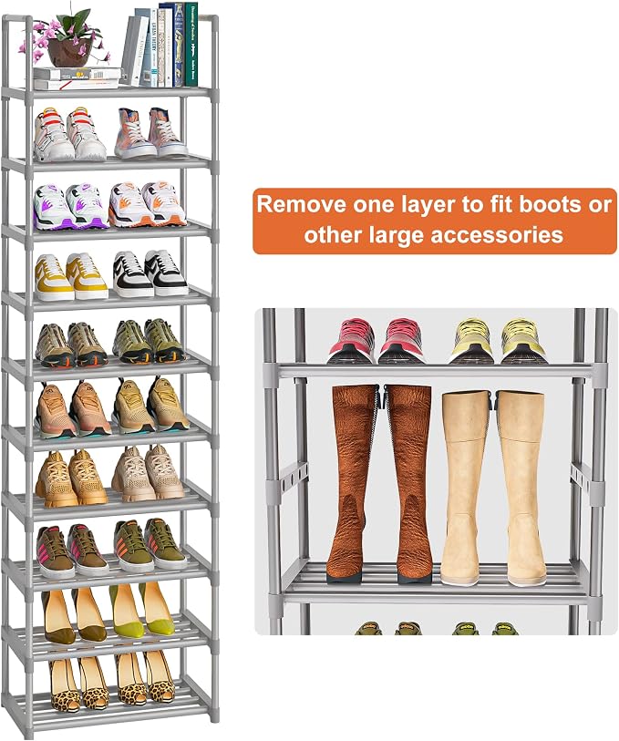 OYREL 10-Tier Metal Shoe Rack, Narrow Shoe Rack Organizer, Sturdy Shoe Shelf for Closets, Entryway, Bedroom, Garage - Silver | Closets, Entryway, Bedroom, Garage, Space Saving Tall Shoe Shelf, Free Standing Boot Storage Racks, Silver