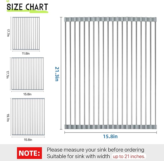 Roll Up Dish Drying Rack 21.3" x 15.8" Over The Sink Dish Drying Rack, Kitchen Dish Rack Stainless Steel Dish Drying Rack for Kitchen Sink Counter Storage (Grey)