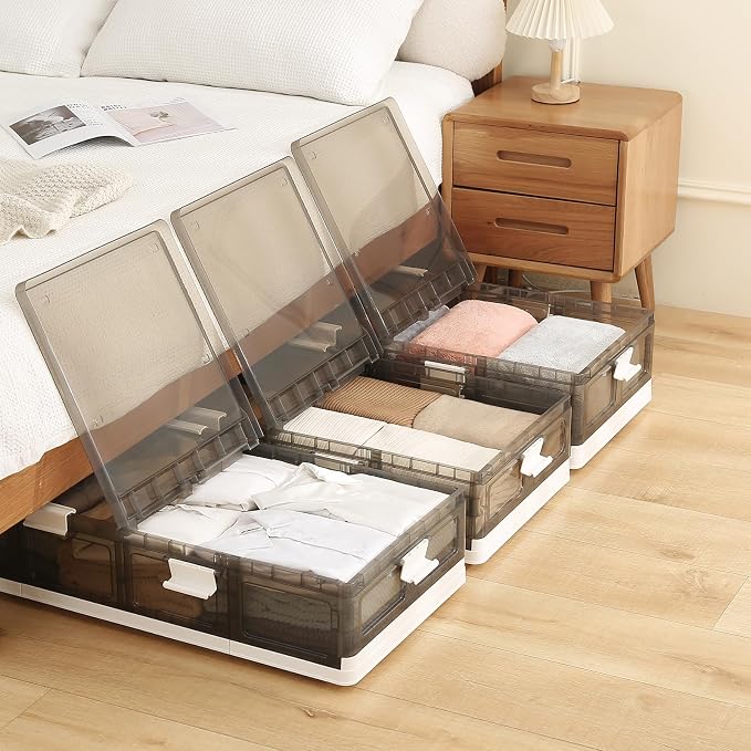 Under Bed Storage Containers with Wheels - Stackable, Foldable Plastic Storage Boxes with Lids for Clothes, Shoes, Blankets - Perfect for Bedroom Organization and Dorms (2 Pack-25.2''x16.5''x7.9'')