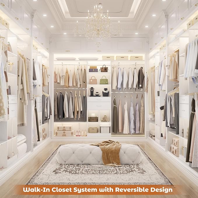 Besiost Closet System - 5-8FT Closet Organizer System with Wooden Drawers & Cube Storage Organizer, Up To 96" Closet Systems for Nursery & Walk-In Closets with Cuttable Hanging Shelving, White