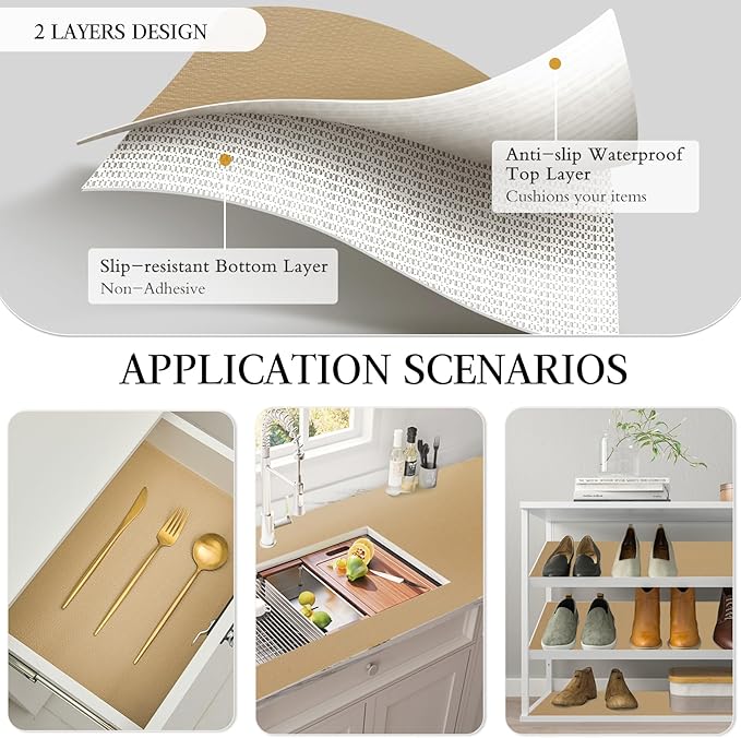 Beautysaid Shelf and Drawer Liner for Kitchen Cabinet Non Adhesive Non Slip | Shelf Paper Waterproof Washable Thickened for Dresser Pantry Shelve Bathroom Protector Liner(Beige,12 in x 20FT)
