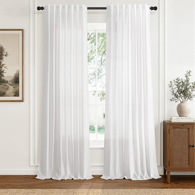 Hokibero White Linen Curtains 108 Inches Long for Living Room 2 Panels | Light Filtering Semi Sheer Curtain, Back Tab Rod Pocket Pleated Look, White Window Drapes for Bedroom Privacy, Boho Farmhouse