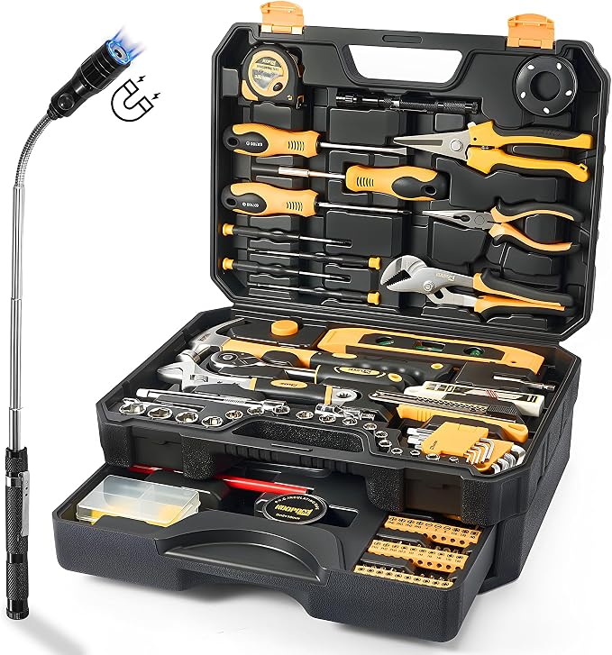 Tool Kit for Home, Basic Tool Set with Magnetic Pickup Tool | For general household and auto repair with storage case and drawer, for homeowners, diy projects, and handyman mechanics