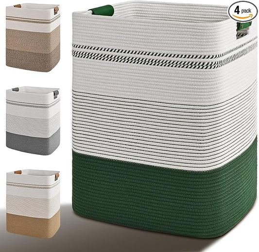 Laundry Hamper, 75L Tall Laundry Basket with Leather Handles, Rectangle Large Clothes Hamper for Organizing, Cotton Woven Laundry Baskets Storage Hampers for Bedroom, Nursery, Living Room